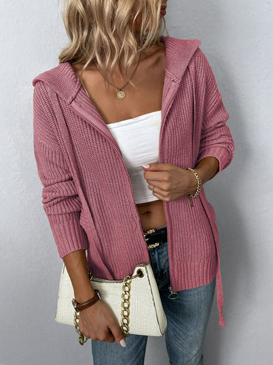 Zip-Up Drawstring Detail Hooded Cardigan Multiple color options